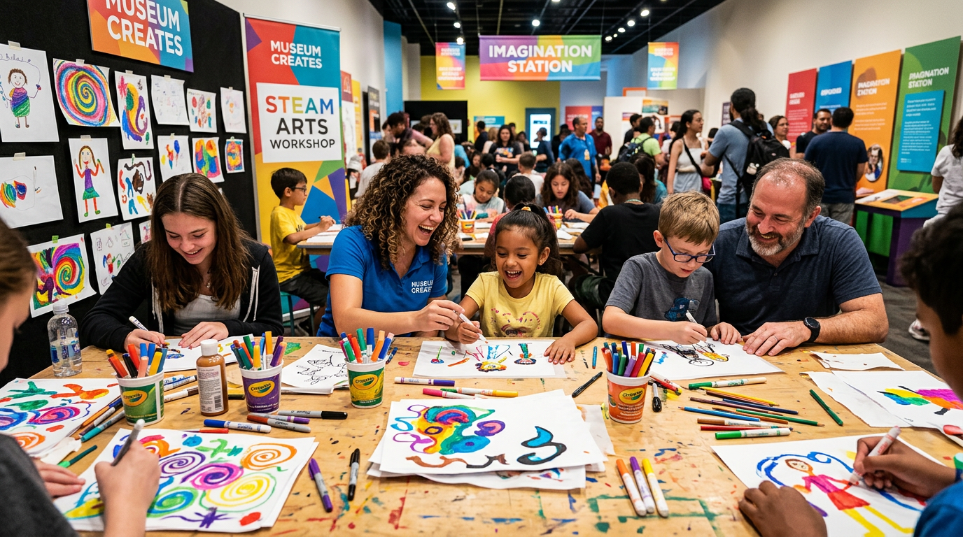 Students and families creating together at an Estampasso STEAM Challenge activation event
