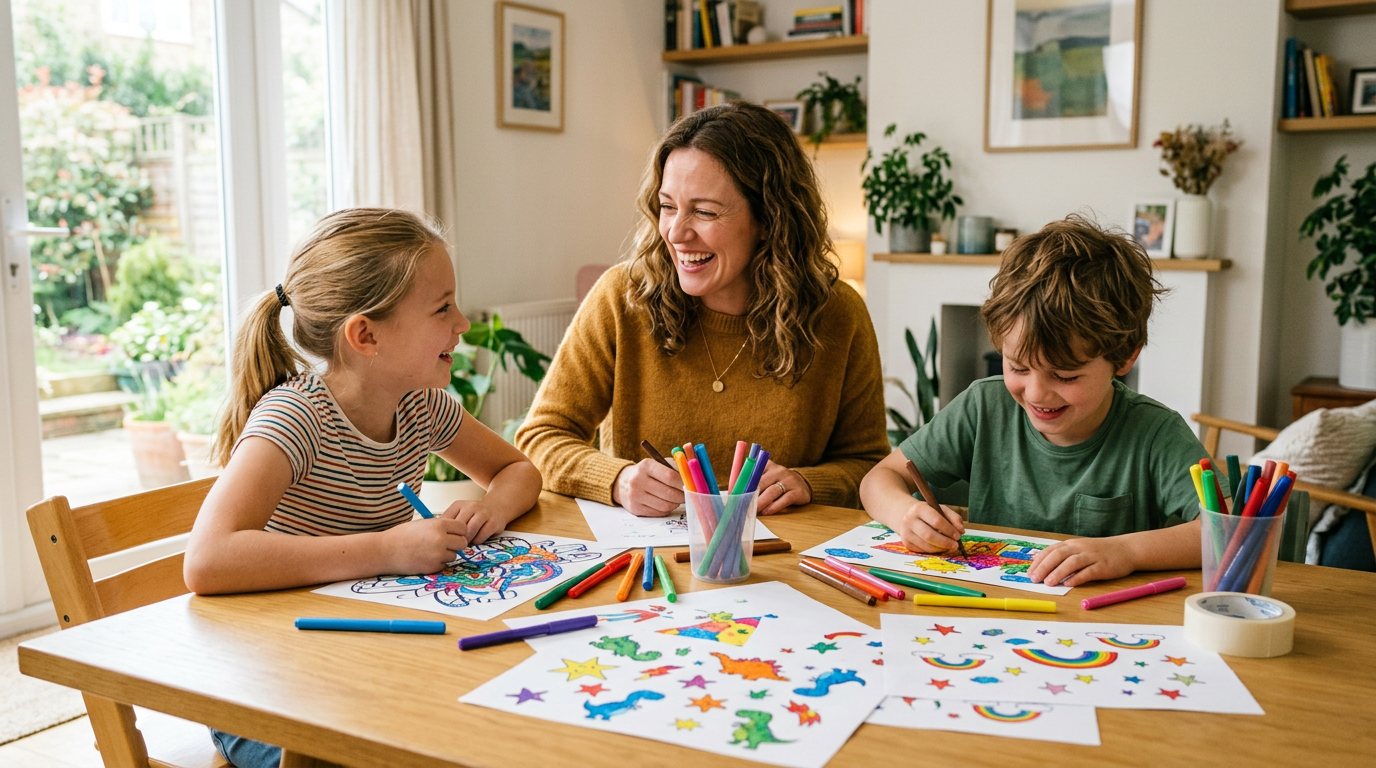 A family gathered around a table creating Estampasso artwork together