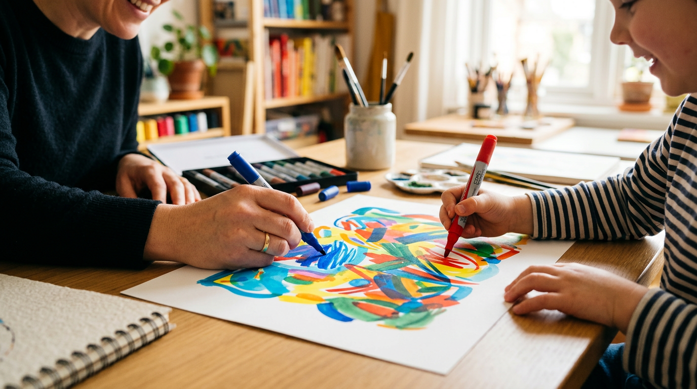 A child and parent joyfully revealing a freshly pressed, colorful Estampasso creation on a t-shirt