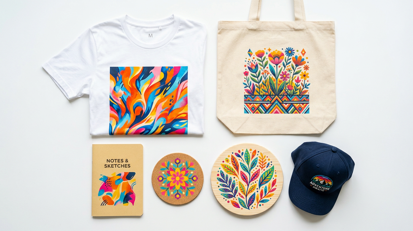 Finished Estampasso creations displayed across a t-shirt, tote bag, hat, and wood surface