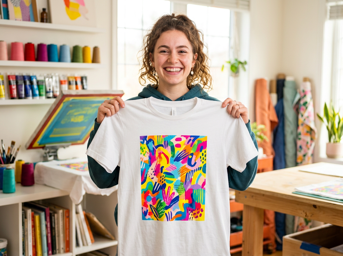A proud young creator holding up a finished shirt with their own artwork